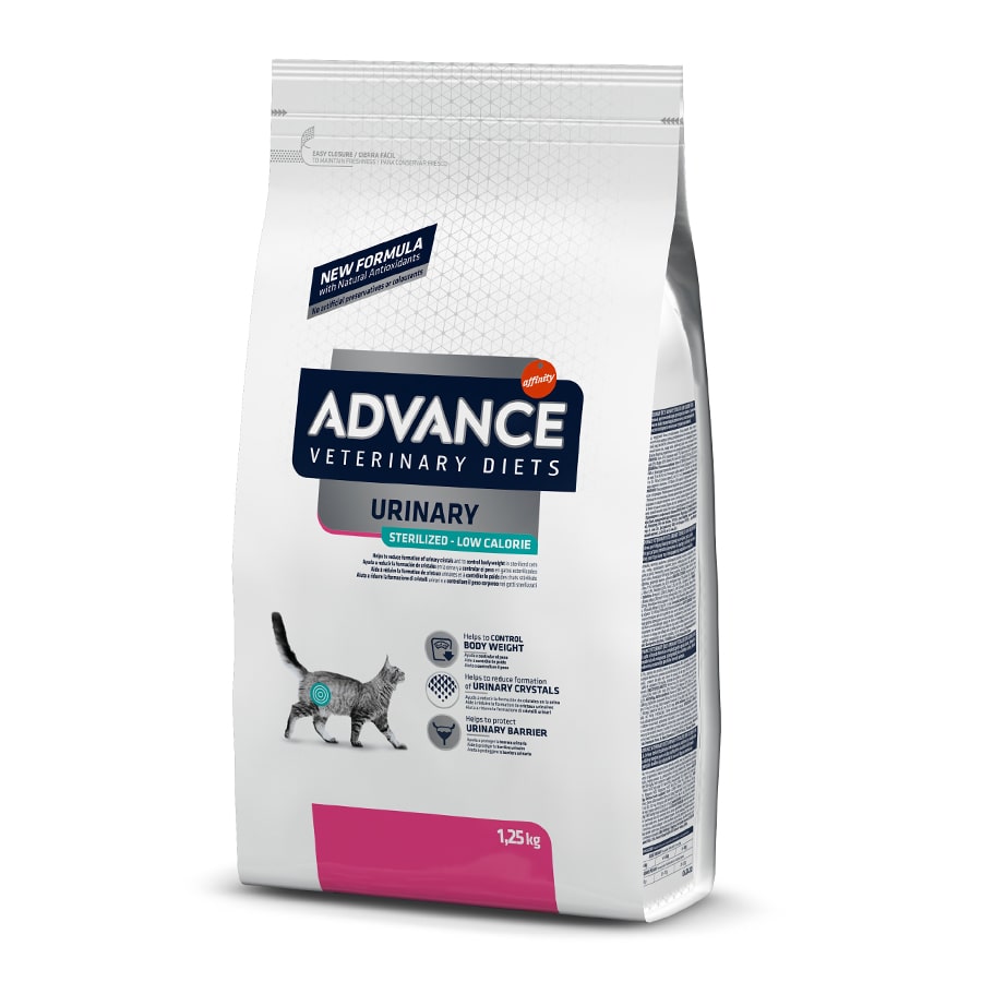 Ração Advance Veterinary Diets de 1,25 kg, esterilizada por urina e de baixa caloria, para gatos.