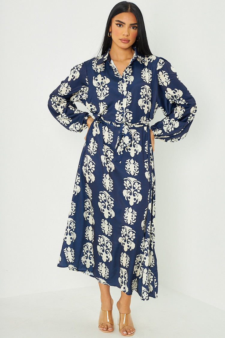 Robe chemise longue à motifs bleu foncé