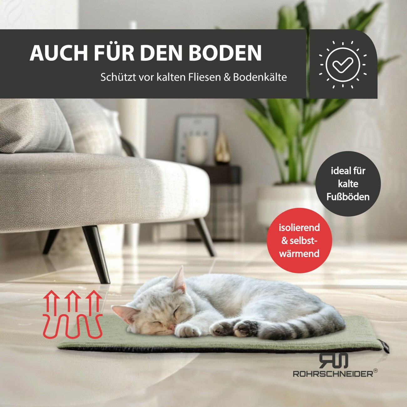 Rohrschneider ® Selbstwärmende Katzendecke, Fensterliege mit rutschfester Unterlage hellgrün 60 cm, 2 cm, 29 cm