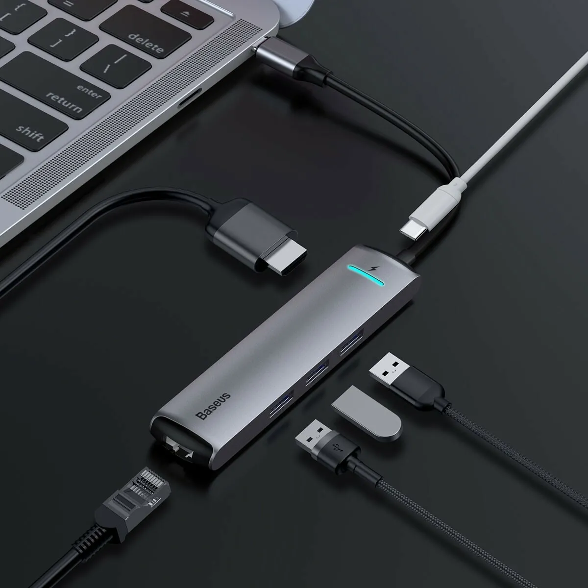 Baseus Hub USB Tipo-C vers USB 3.0 / HDMI / RJ-45 - Gris