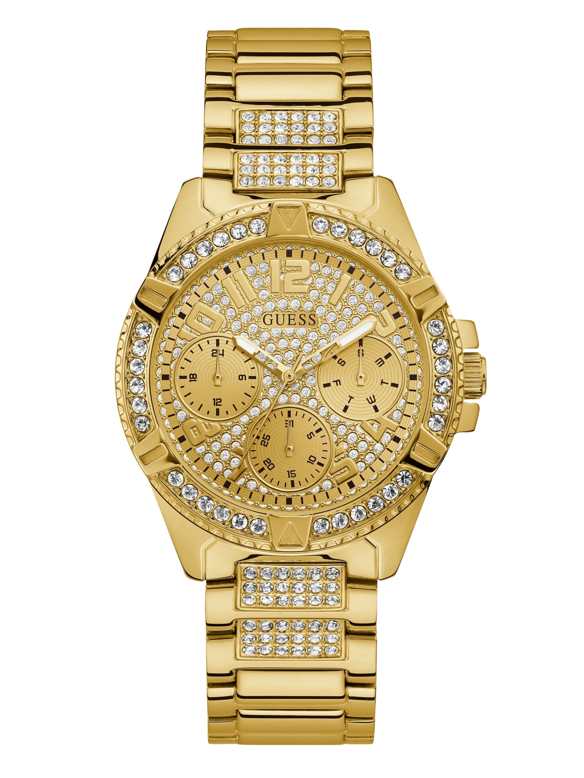 Relógio multifuncional dourado com strass
