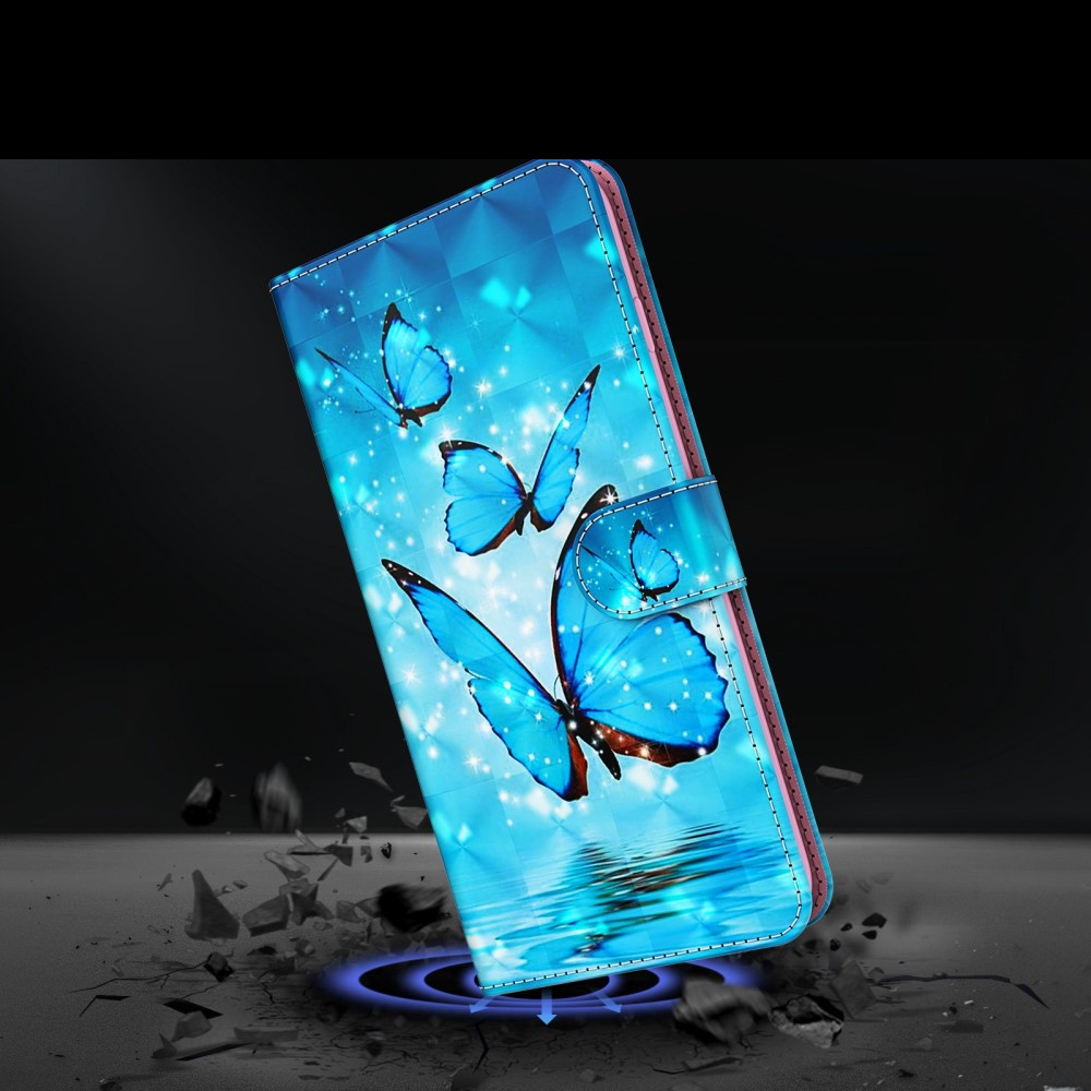Samsung Galaxy S23 Ultra 5G Leder Tasche mit Kartenfach   Handschlaufe - Blaue Schmetterlinge