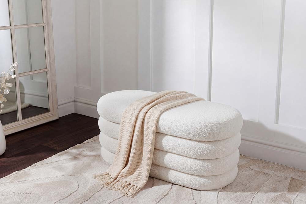 Extravagante Polsterbank VOGUE 85cm weiß Bouclè Sitzbank mit Stauraum