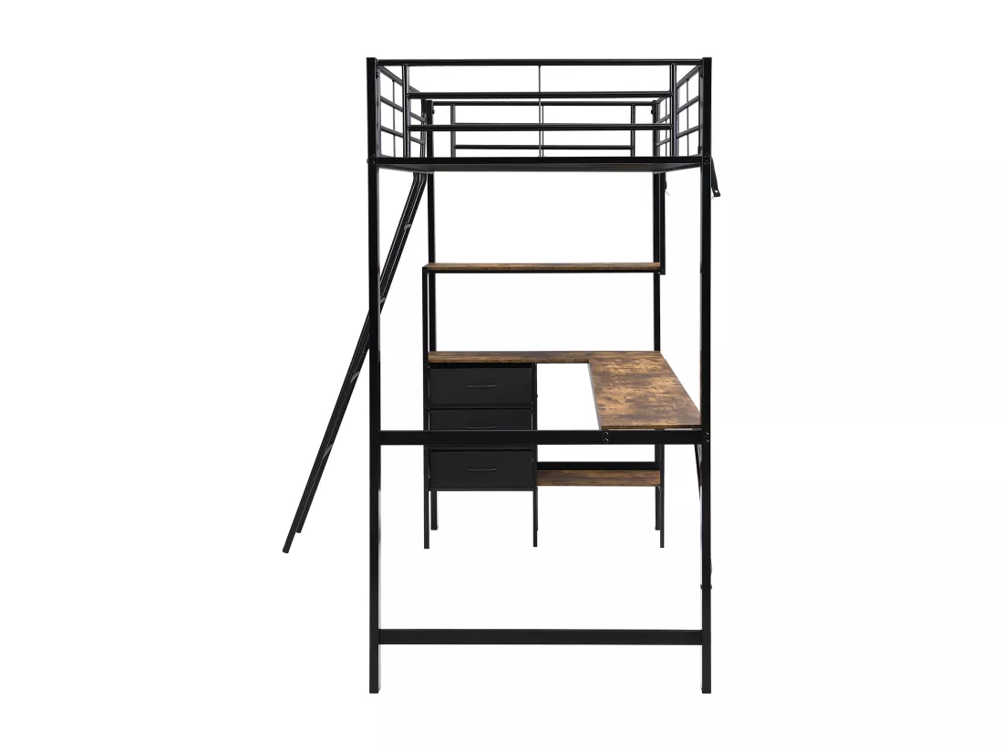 Lit mezzanine 90x200cm - avec 3 tiroirs - avec table de 2m de long - échelle inclinée quatre marches - fer + panneaux de particules - noir (sans matelas)