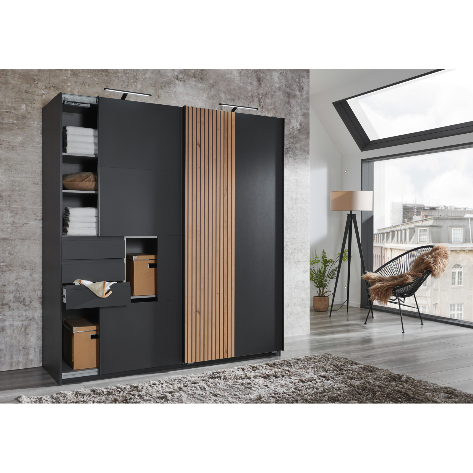 Schwebetürenschrank Coburg Artisan Lamellen-Optik 180 x 198 x 65 cm, graphit