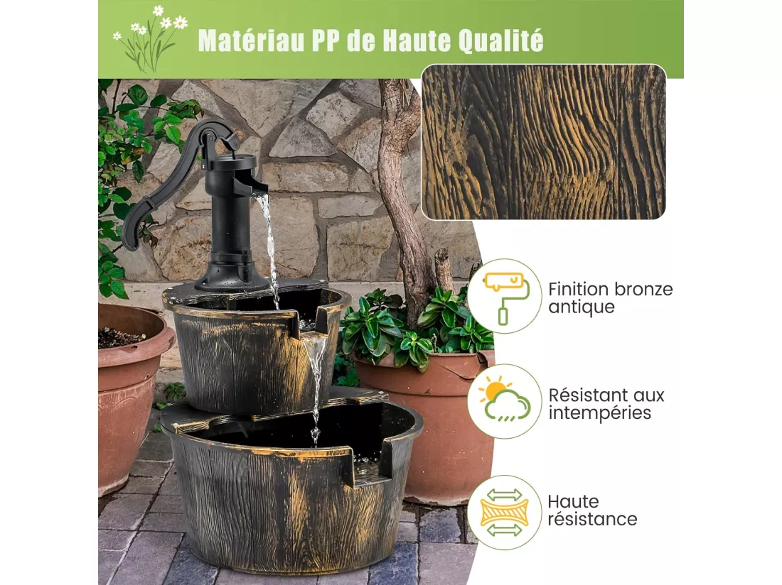 Fontaine en Cascade Extérieure à 2 Étages avec Pompe Réglable, Puit Décoration de Jardin/Cour Autoportante de 68 cm en PP de Style Rustique (Bronze)