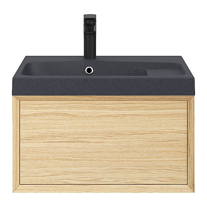 Meuble sous vasque 1 tiroir à suspendre GoodHome Avela placage chêne 60 cm + Plan vasque en résine noir Mila