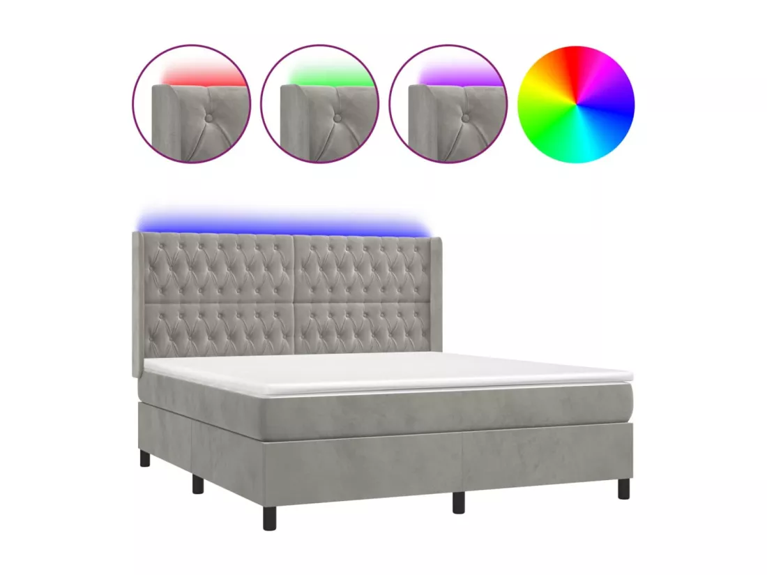 Sommier tapissier matelas et LED Gris clair 180x200 cm Velours
