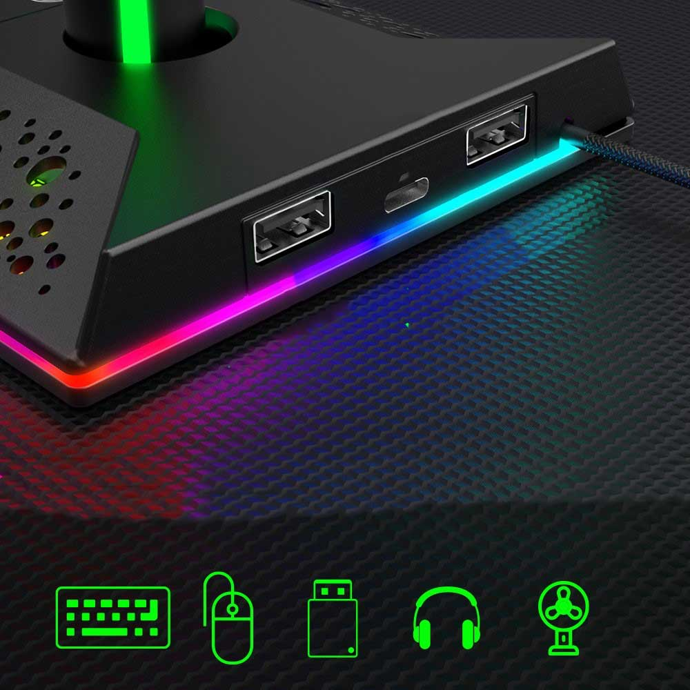 Gaming Kopfhörer Halterung Ständer für Over-Ear Headset mit USB C / 2x USB A Anschluss   RGB Beleuchtung - Rosa
