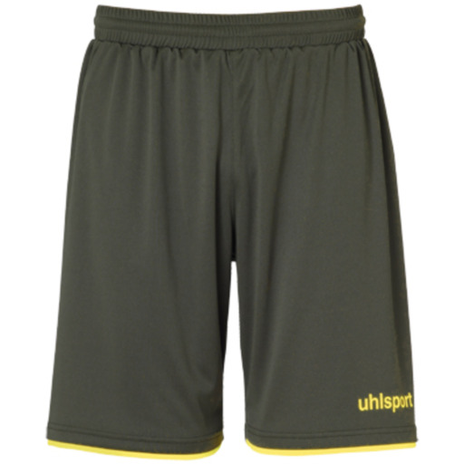 Calções Club Uhlsport nas cores verde-oliva escuro/amarelo fluorescente