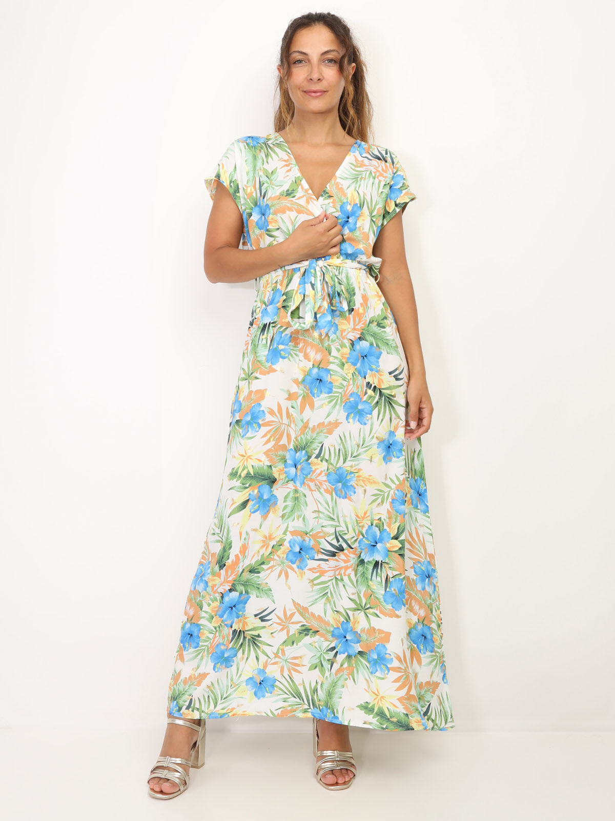 Robe ceinturée à motif fleurs et feuilles- Blanc