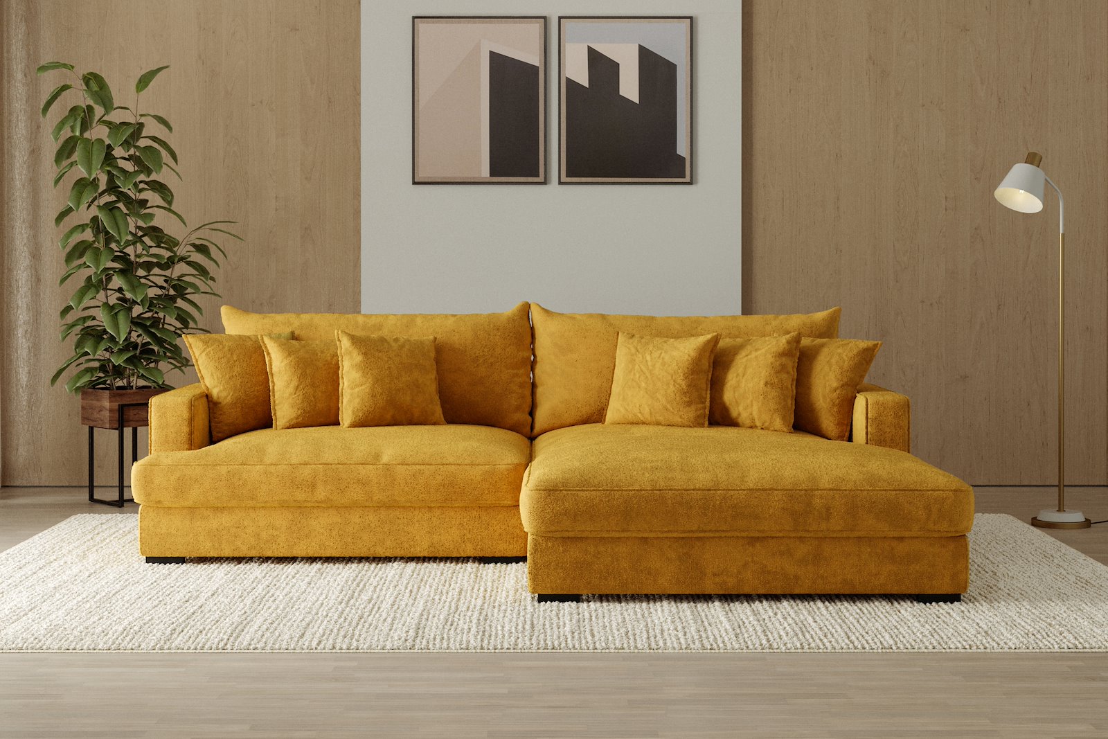 Rossi Lux 2-seter med XL sjeselong høyre Tekstil Genesis 10 Golden Yellow, arm A med sorte ben. Lux Komfort.