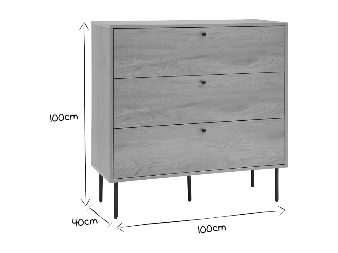 Commode finition bois clair chêne et pieds métal noir 3 tiroirs L100 cm PERNELLE