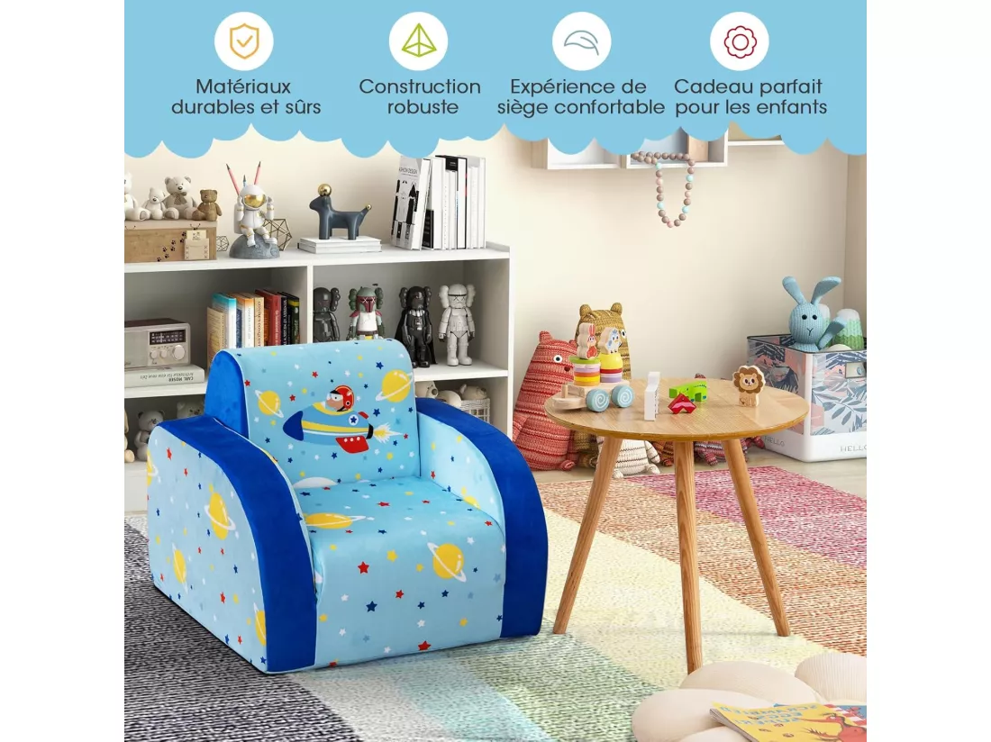 Canapé Convertible pour Enfants de 0-4Ans, Canapé-Lit Rembourré pour Enfants avec Siège Rembourré en Éponge, Tissu en Velours et Motif pour Lecture, Jeu et Repos (Avion)