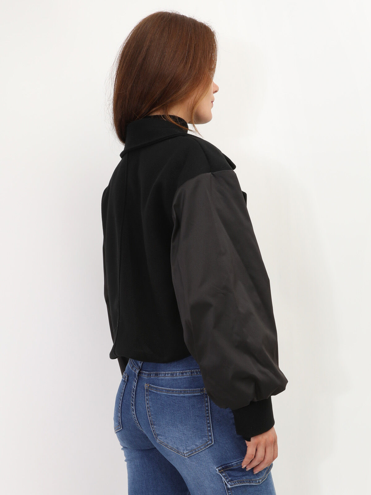 Veste courte croisée bi-matière- Noir