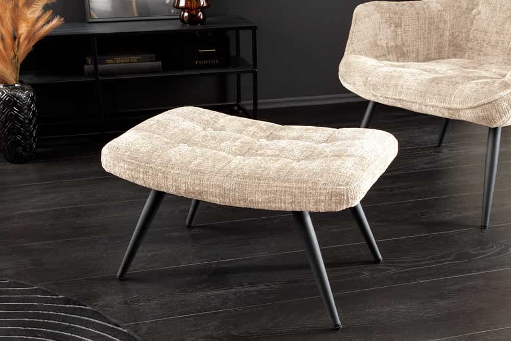 Moderner Hocker SCANDINAVIA champagner Chenille Cremona Metallbeine Fußhocker