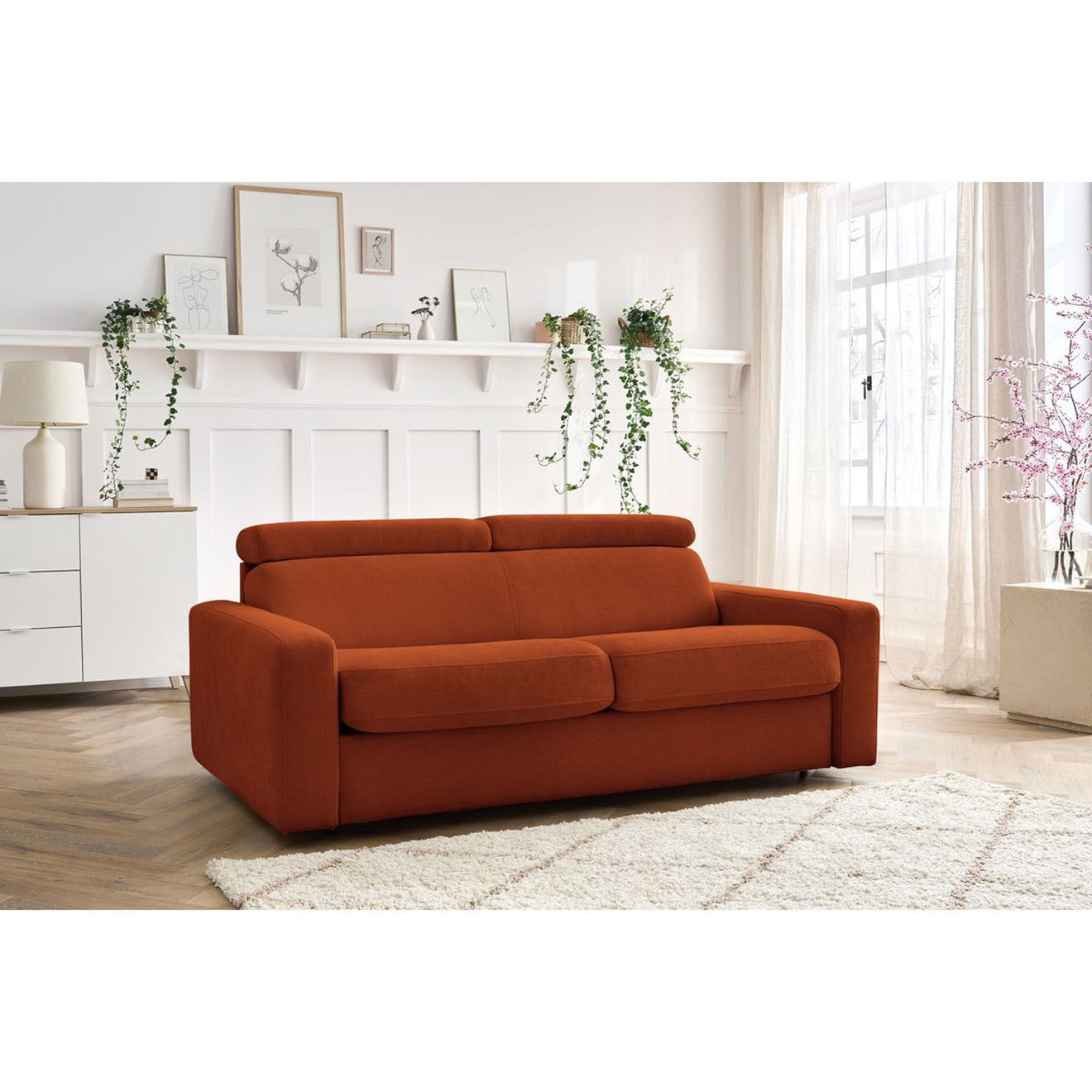 Bobochic Canapé convertible monaco ouverture express tissu lisse orange - 195x99 cm