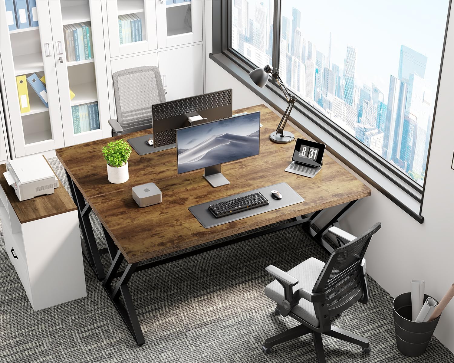 LVB Moderner Computertisch Industrieller Heimbür mit Stauraum, Metall-Holz, Schreibtisch Arbeitszimmer Computertisch für Schlafzimmer einfacher Gaming-Schreibtisch Rustikales Braun