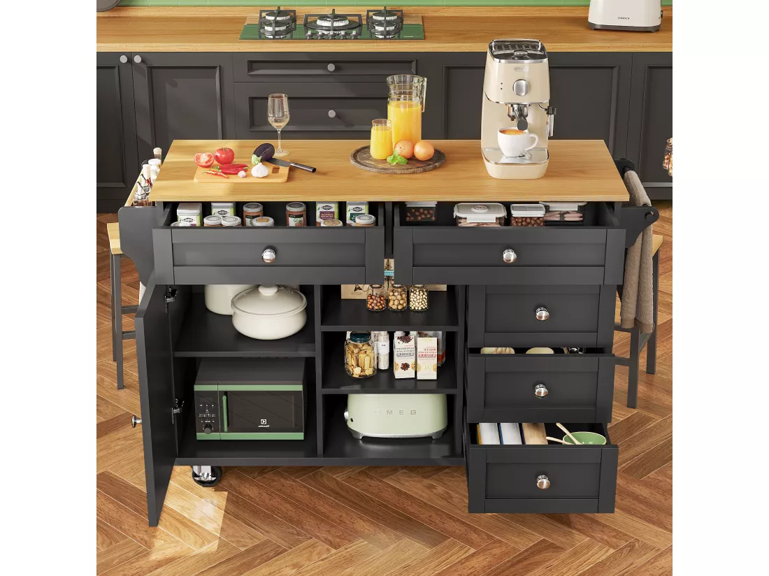 Ilot central de cuisine fixe avec une porte, 5 tiroirs et 3 compartiments ouverts - 134 x 46 x 92 cm - Bois MDF - Noir