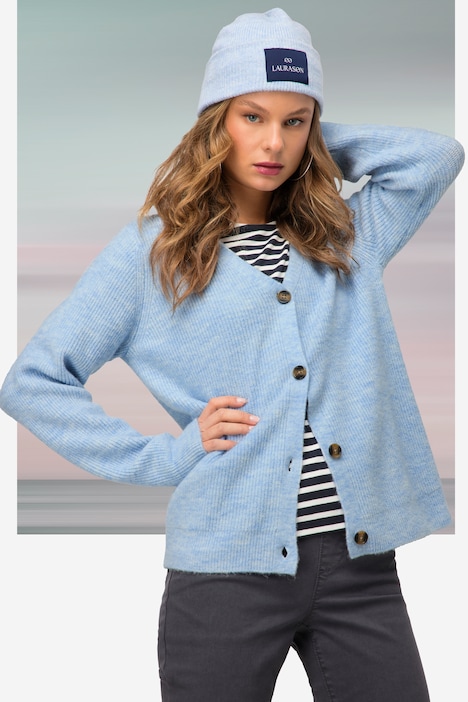 Strickjacke, Melange-Strick, V-Auschnitt, Langarm