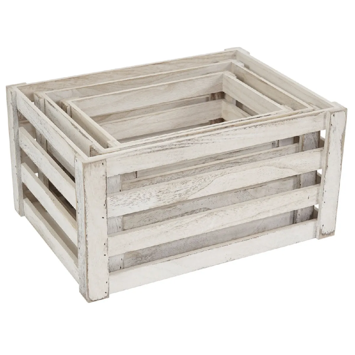 Decoshop26 Ensemble de 3 Caisses en Bois - Blanc Vieilli
