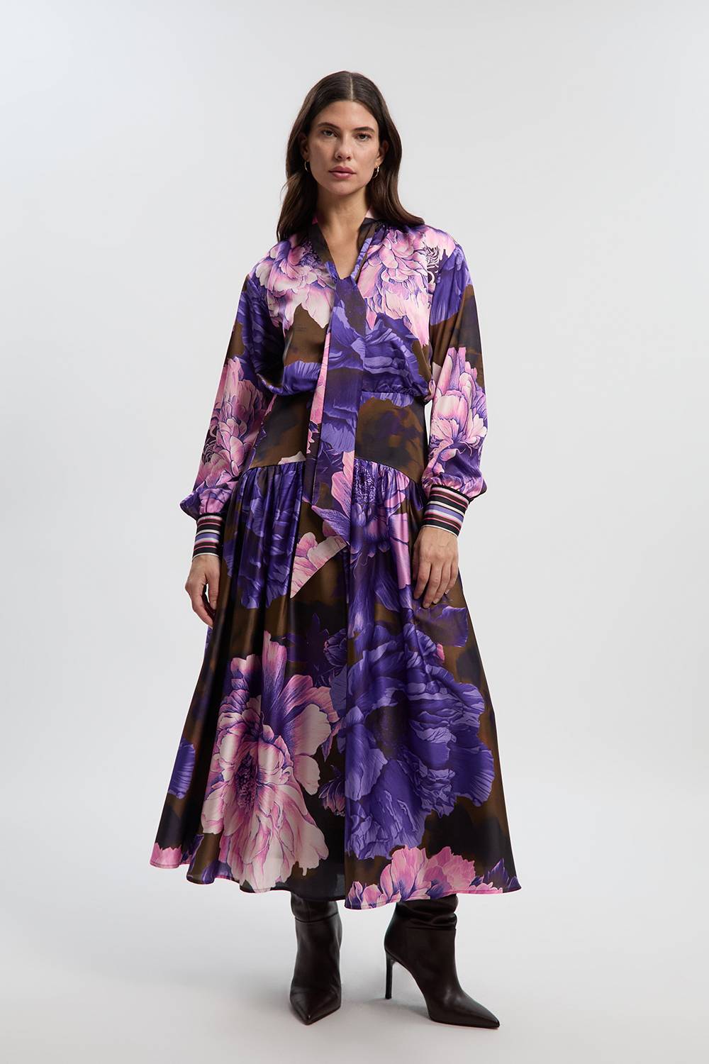 KarenMillen Robe Chemise Tissée à Col en Satin Martelé Imprimé Floral Petite Taille