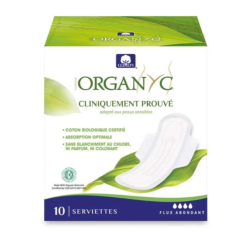 Serviettes Hygiéniques Coton Bio Flux Abondant  - Boite de 10