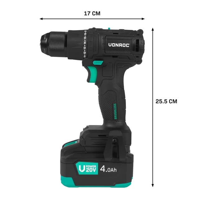 VONROC Boremaskine 20V – PRO| Kompakt & Kraftfuld | Børsteløs Motor | 40Nm Drejningsmoment | 17+1 Indstillinger | Inkl. 4.0Ah Akku & Oplader