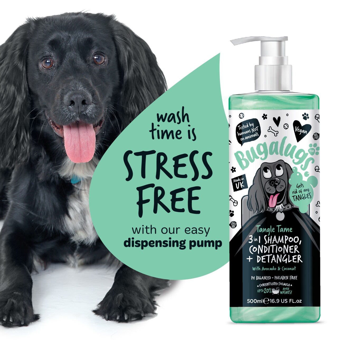 Bugalugs Tangle Tame 3-in-1 – Shampoo, Conditioner & Entfilzer mit Avocado & Kokosnuss
