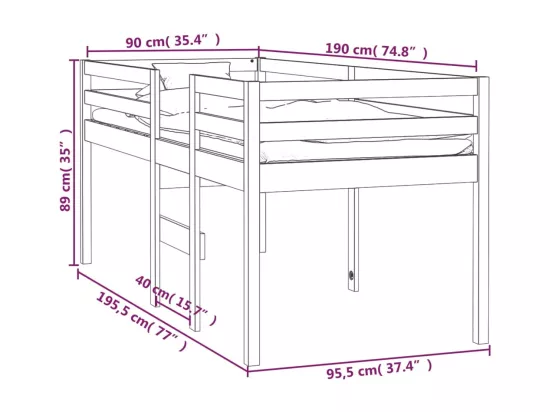 Lit haut sans matelas 90x190 cm bois de pin massif