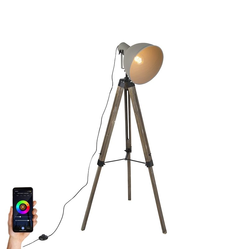 Smart industriële tripod vloerlamp hout met grijs incl. wifi A60 - Laos