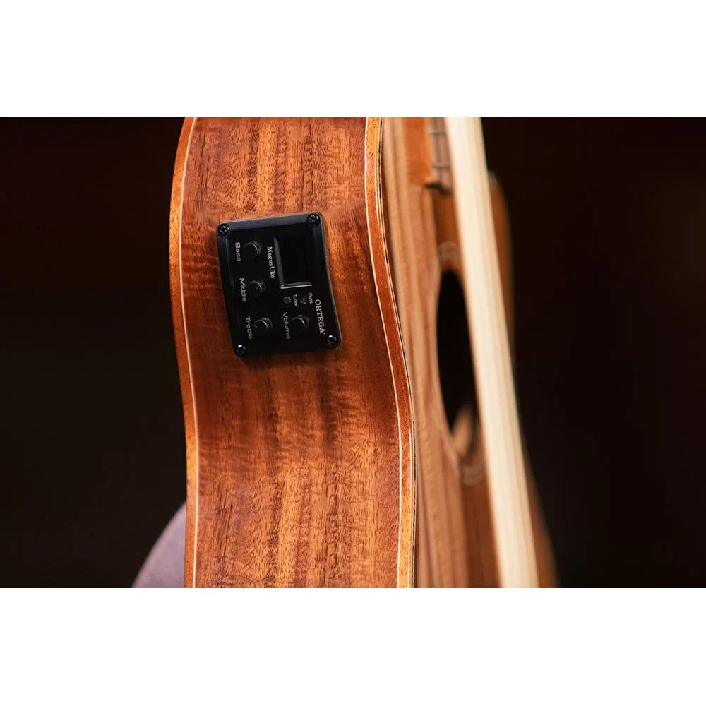Ortega CAIMAN-BS-GB Lizard Series Short Scale Uke Bass Natural elektrisch-akoestische bas ukelele met gigbag