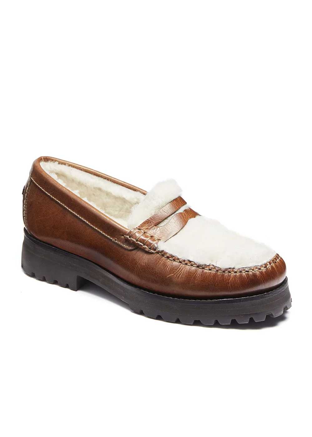 MOCASSIN LUG FUR MOC CUIR MARRON ET SHEARLING