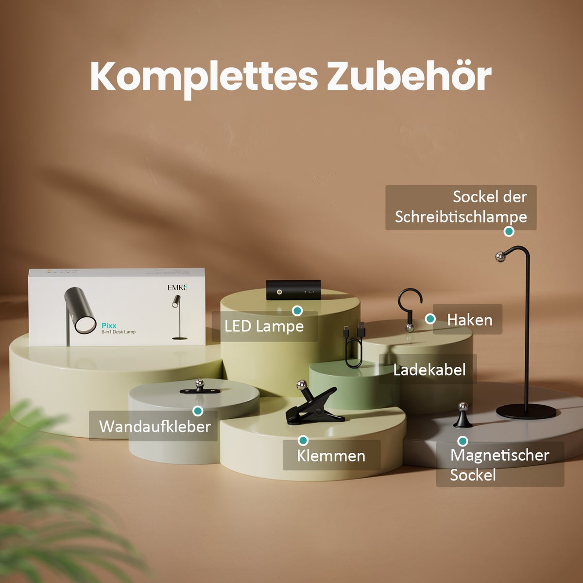 EMKE 6-in-1 LED-tafellamp, draadloos, oplaadbaar en dimbaar, aanraakbediening, 3 kleurmodi, 360° verstelbare magnetische wandlamp, USB-C, IP20, zwart - ideaal voor gebruik binnen en buiten