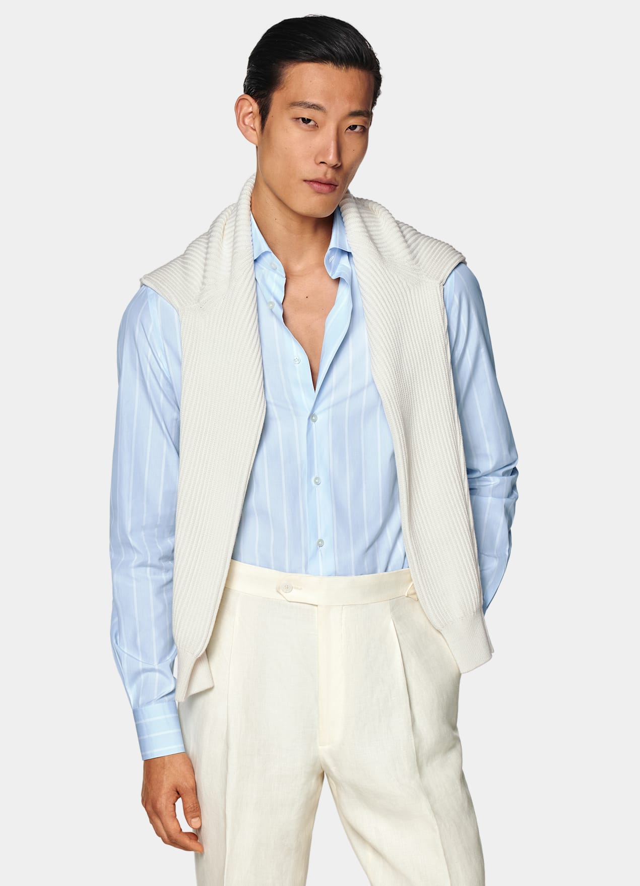 Chemise coupe ajustée en popeline bleu clair à rayures