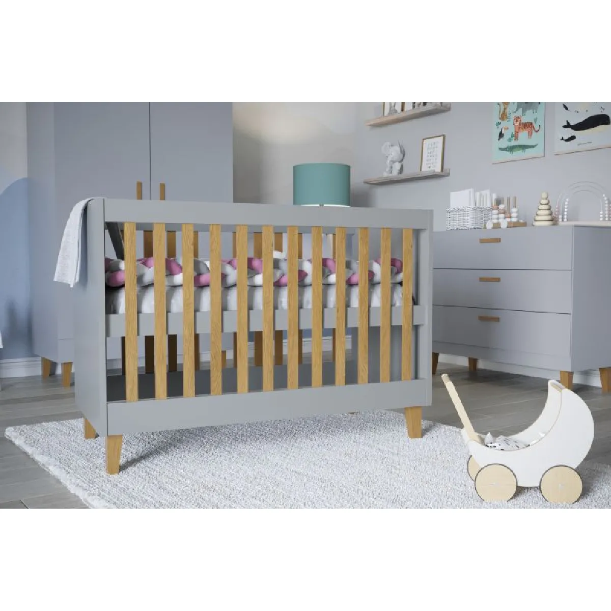 Lit Bébé Kubi Gris - 124x66 cm