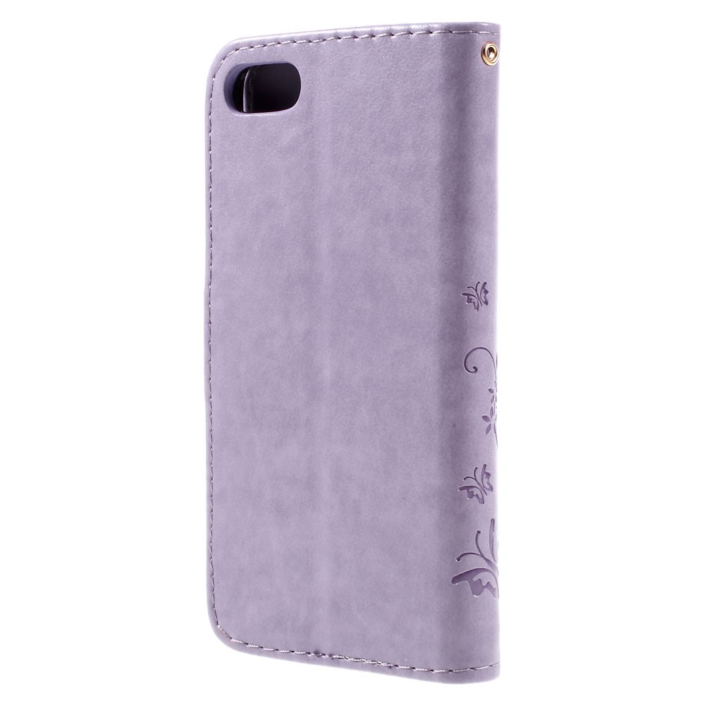 iPhone SE (2022/2020) / 8 / 7 Leder Tasche mit Kartenfach   Handschlaufe Butterfly Flowers - Lila