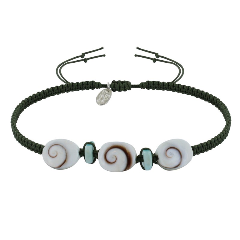 Bracelet Lien Tréssé Pavés de Larimar et Trois Oeil de Ste Lucie - Vert kaki