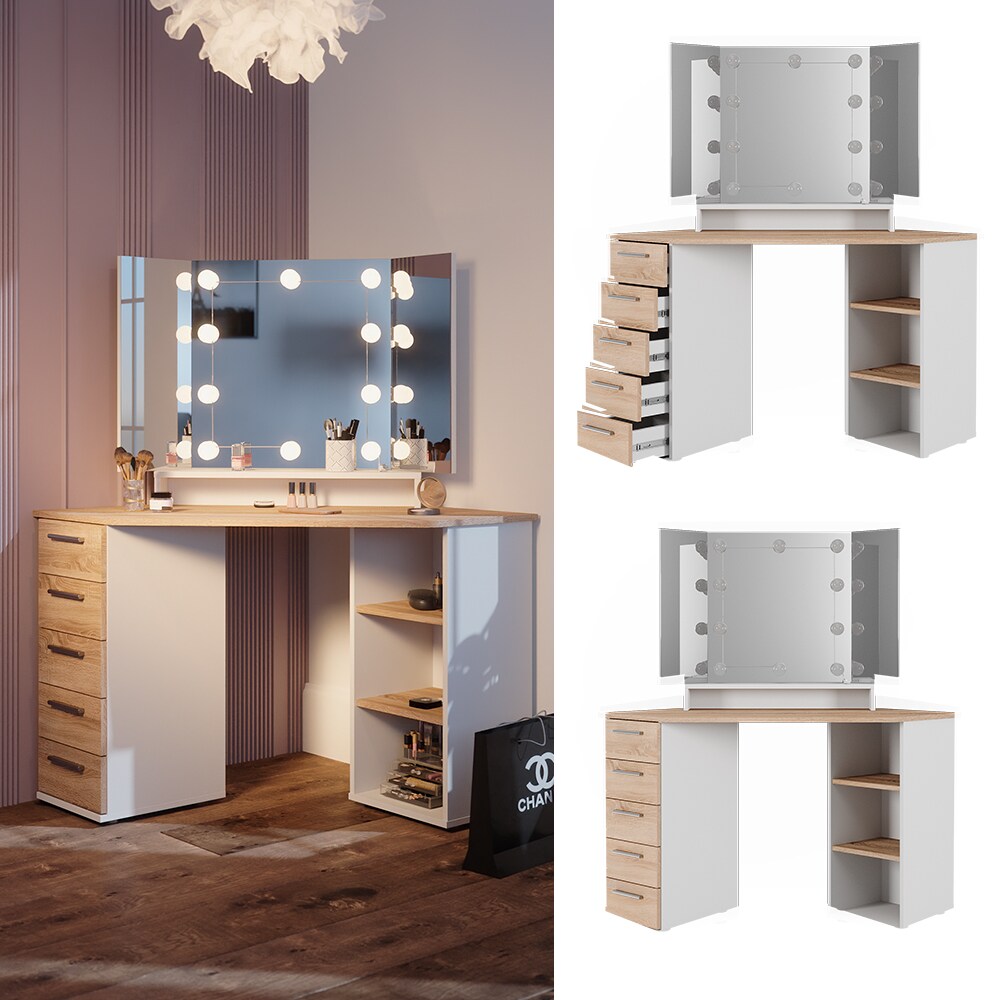 Vicco Eckschminktisch Frisiertisch Frisierkommode Sofia Weiß Sonoma Spiegel LED 128x142 cm modern Ablage