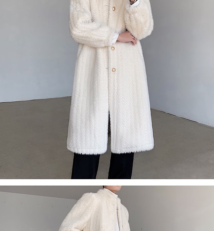 Freehop - Effen fleece midi-jas met opstaande kraag en enkele rij knopen