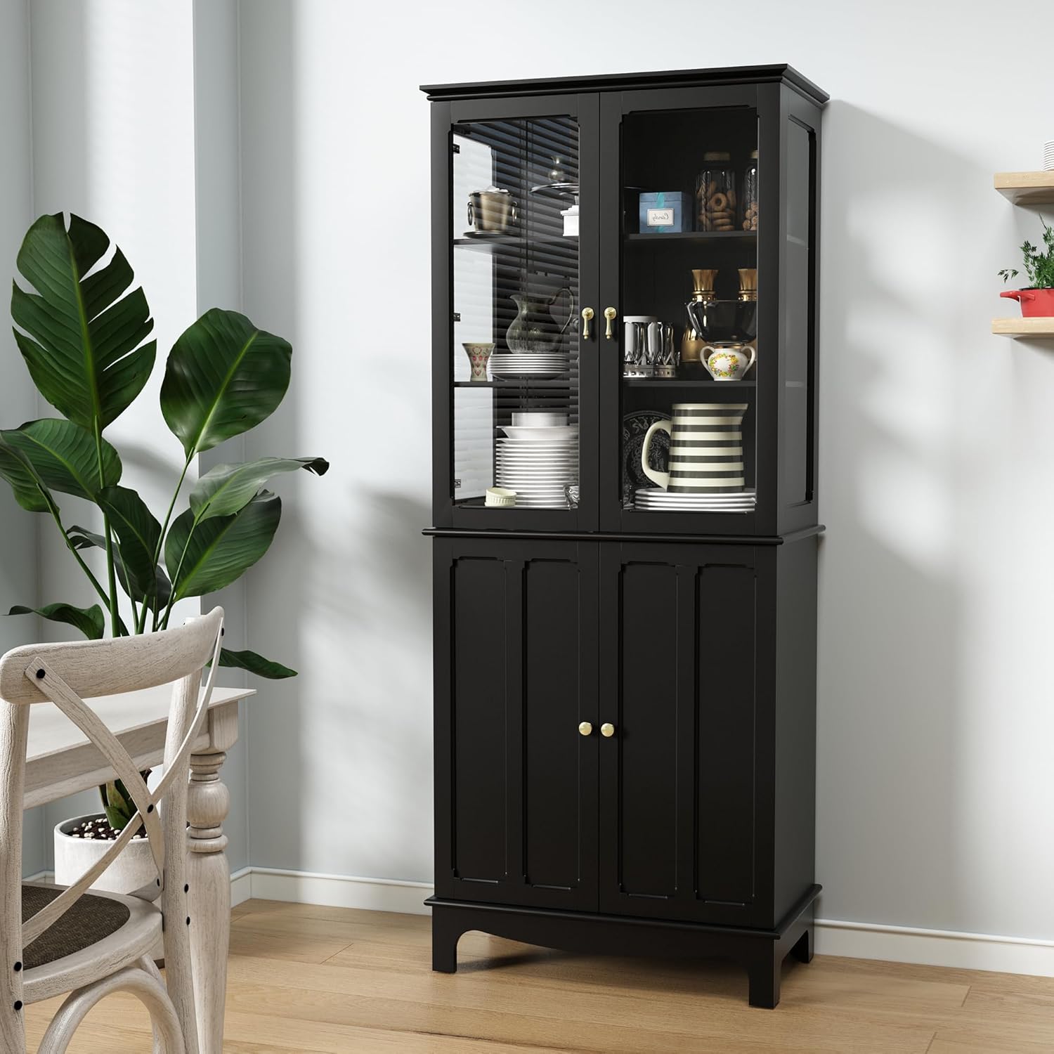 Freistehender Küchenschränke mit Glastür, Glasküchenschrank Vitrinen Klassischer Hoher Schrank mit Glastür und Verstellbaren Regalen für Küche, Wohnzimmer und Esszimmer, Schwarz