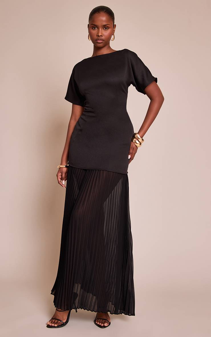 Noir Robe Maxi Ajustée En Satin Chocolat Avec Nœud Dos Et Ourlet Plissé