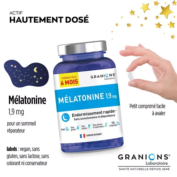 Granions Melatonina 1,9 mg Promove o Sonolência 180 comprimidos