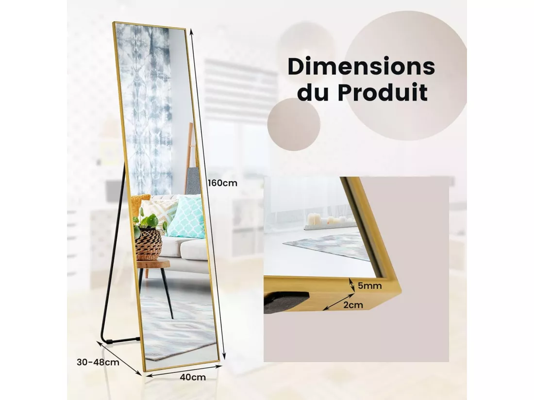Miroir sur pied rectangulaire-miroir mural, 40 x 160 cm, angle d'inclinaison réglable, or