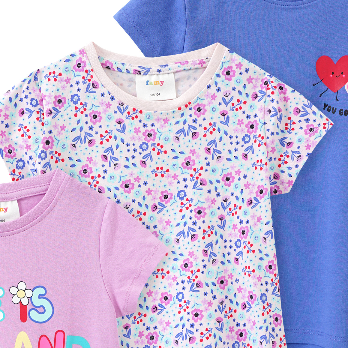 Famy 3 Mädchen T-Shirts mit bunten Motiven helllila / blau / zartrosa