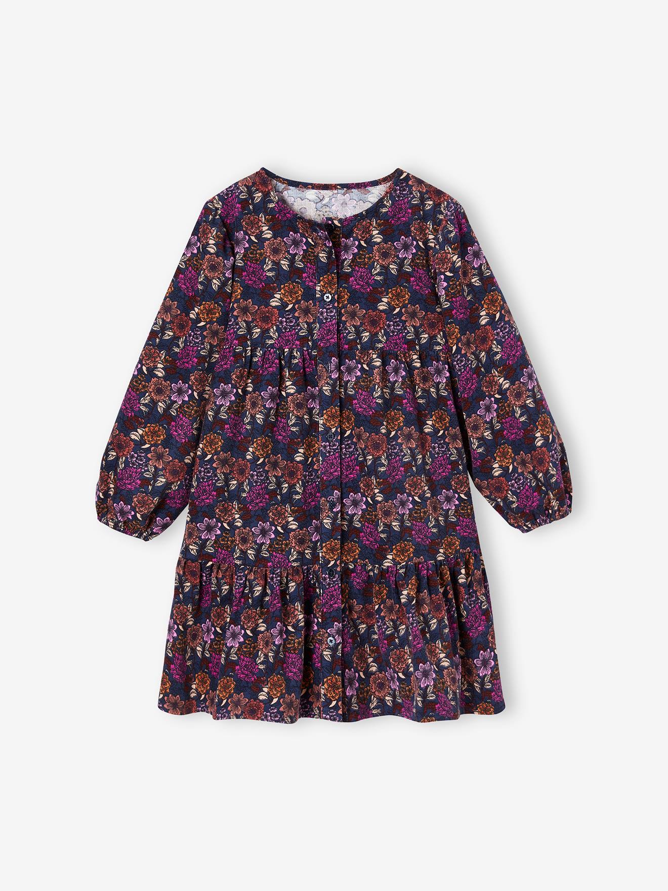Vestido floral azul escuro de veludo cotelê para meninas