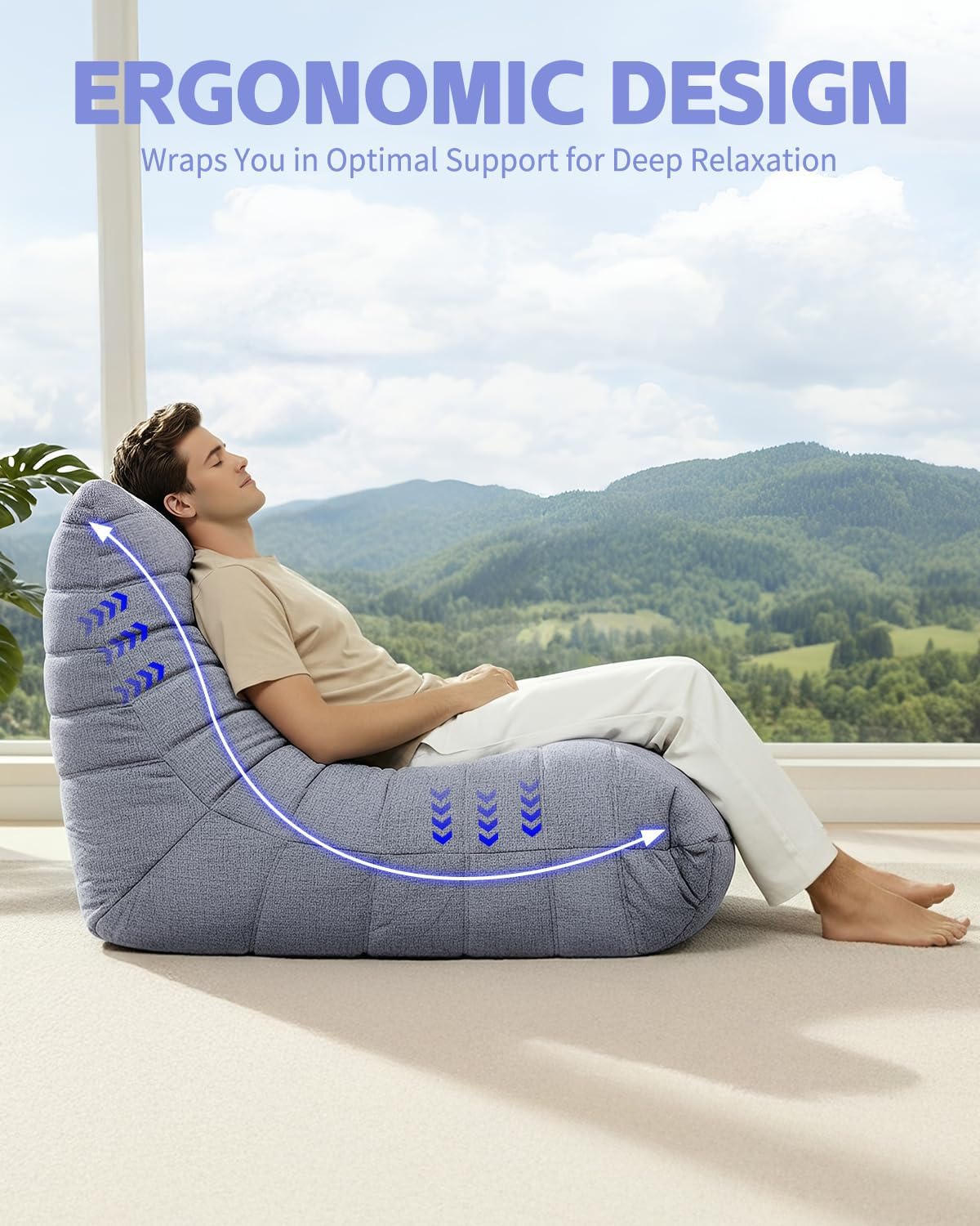 Hochdichtem Foam Sitzsack Sofa, Bodensofa aus Chenille Stoff mit Rückenlehne, Lesesessel für den Innenbereich, Lazy Sofa für Wohnzimmer & Schlafzimmer (Grau)
