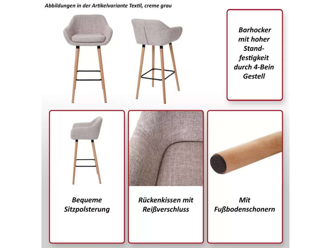 Tabouret de bar Vaasa T381 (lot de 2), similicuir, noir
