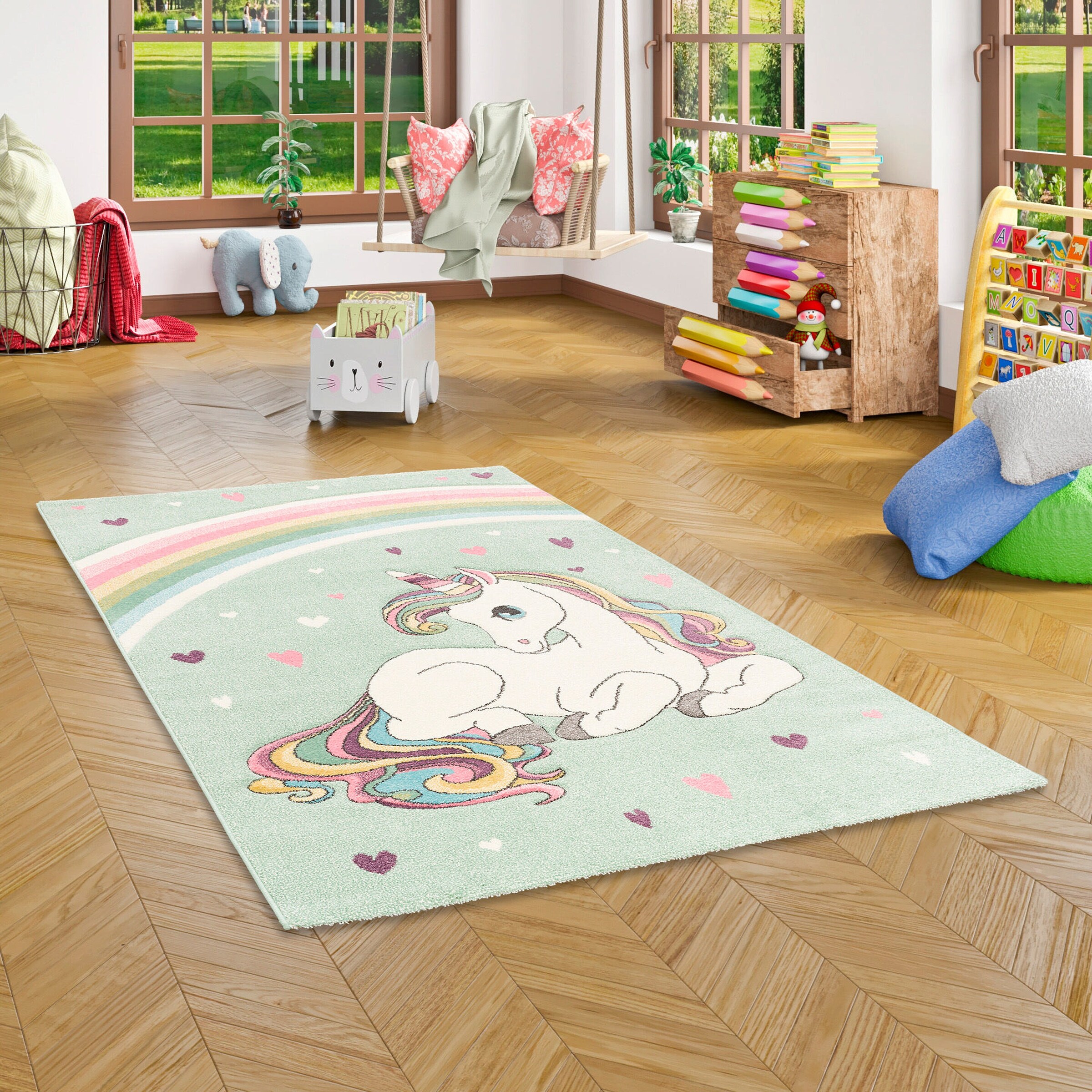 Pergamon Kinder Teppich Maui Kids Einhorn Pastell Mintgrün