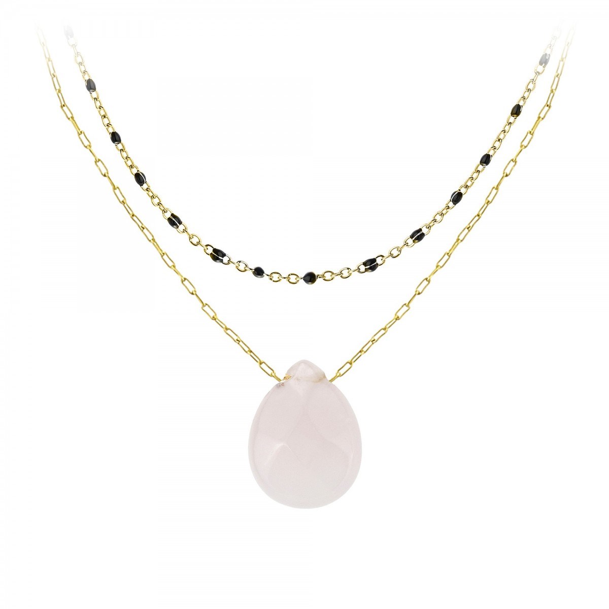 Lot de 2 colliers SC Bohème en Acier Finement doré orné d'un quartz rose